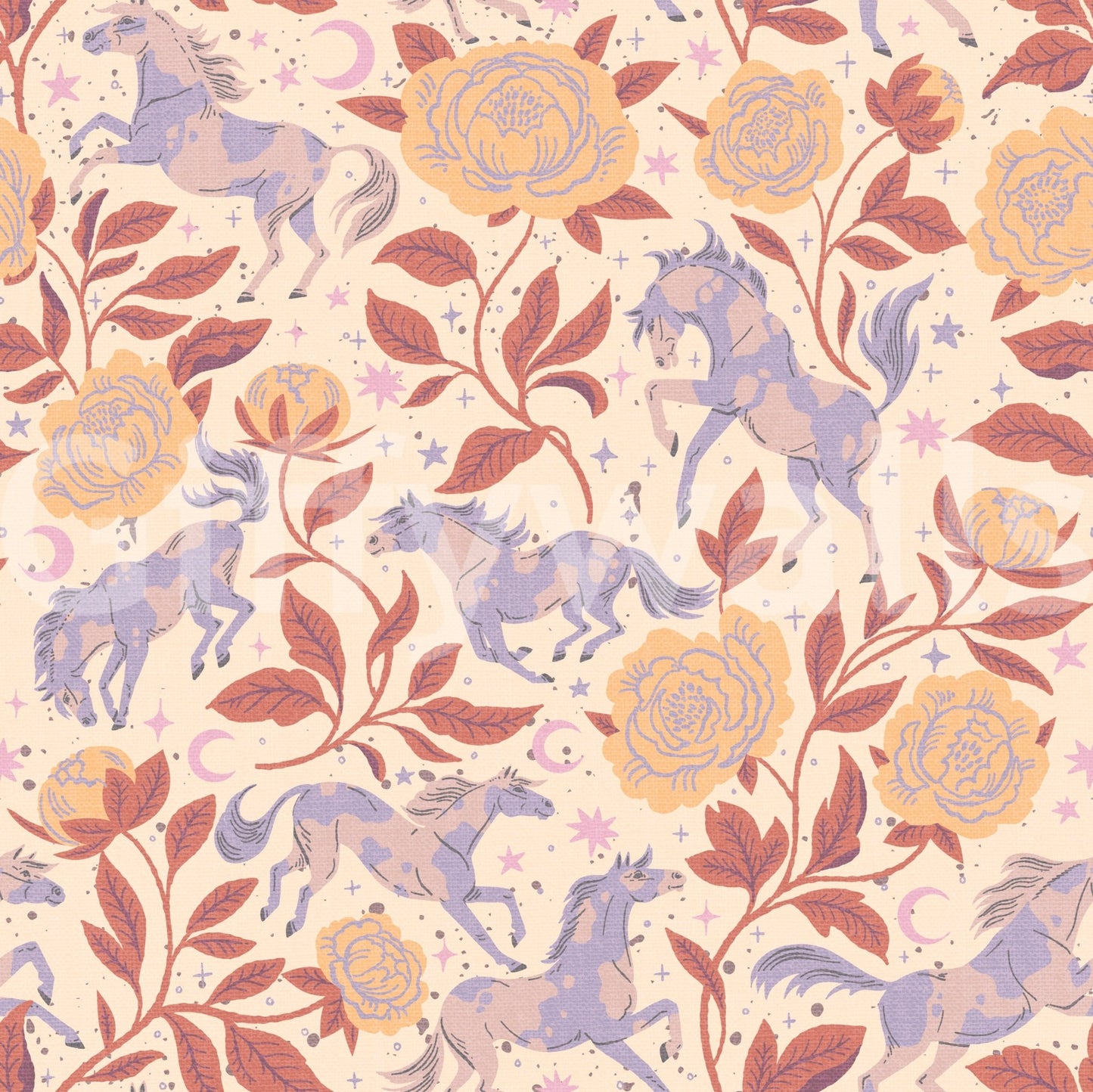 Wallpaper mural with western ponies and flowers

