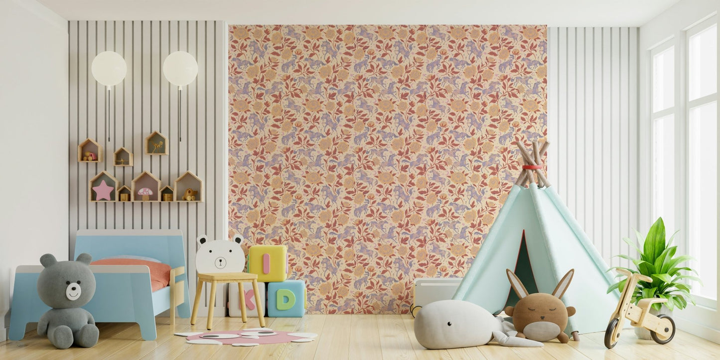 Kids’ room wallpaper with ponies and peonies

