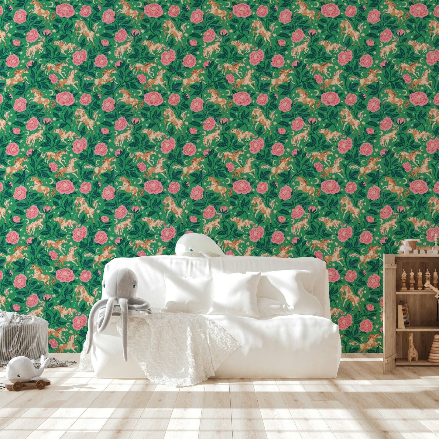 Wallpaper mural with peonies and ponies

