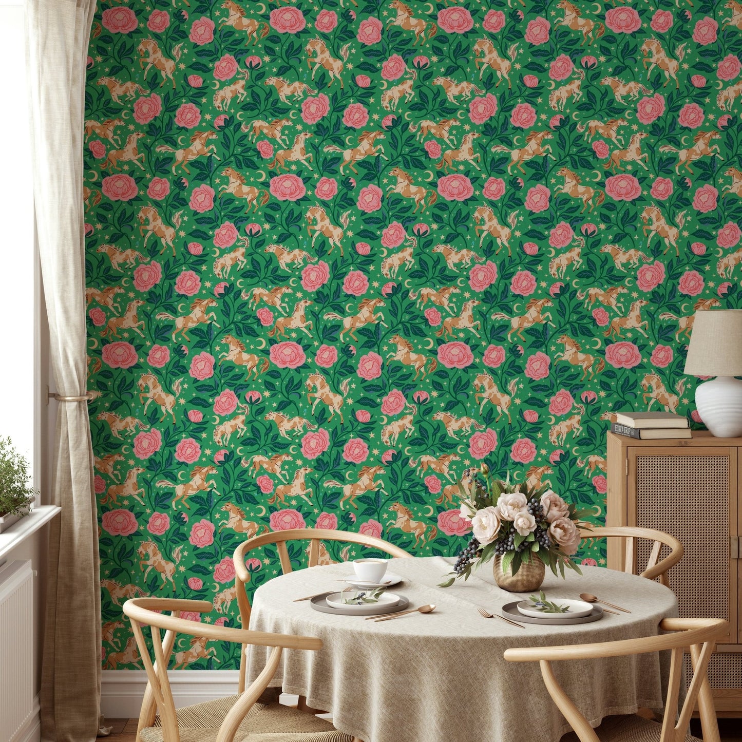 Ponies and Peonies Wild West Americana wallpaper detail

