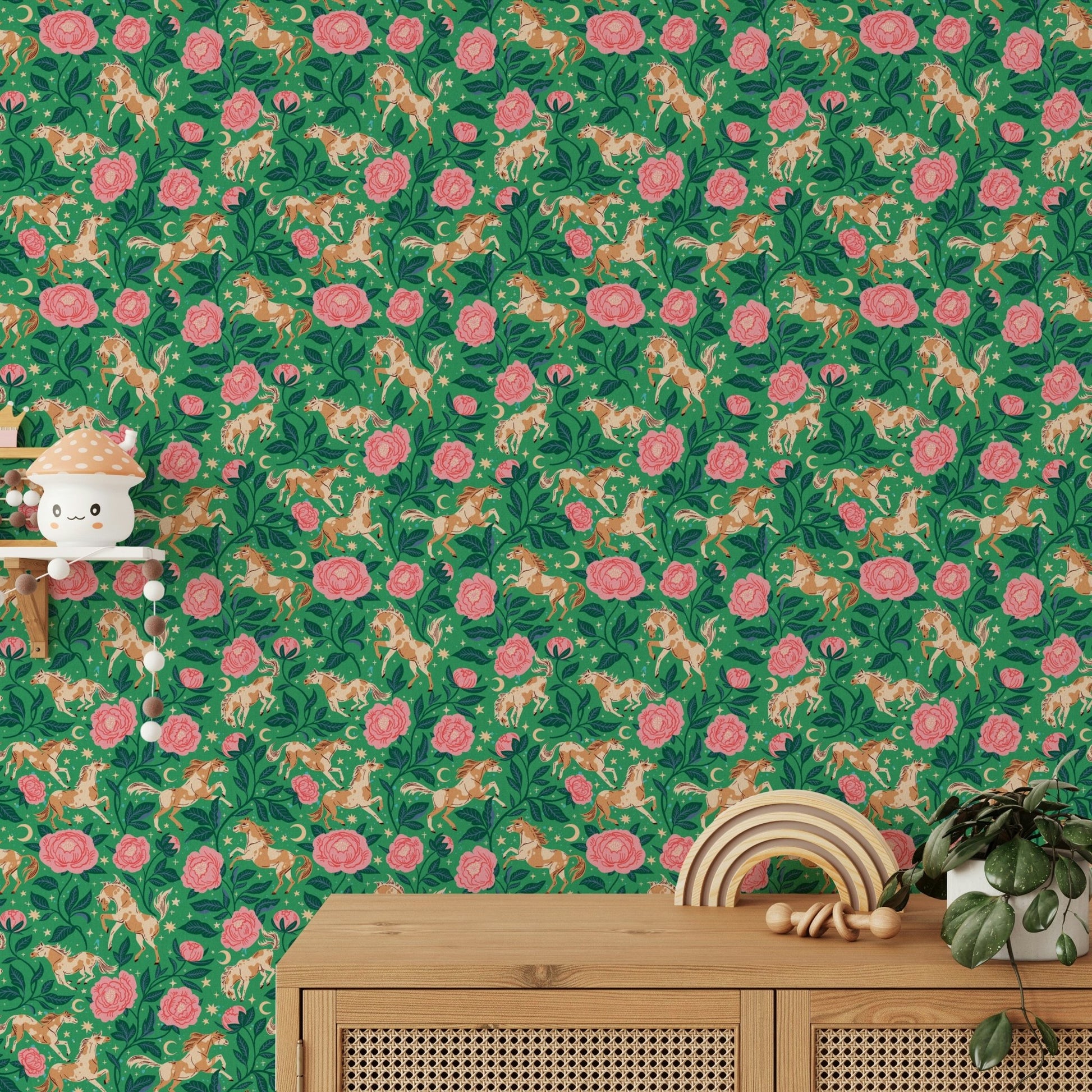 Kids’ room wallpaper with ponies and flowers


