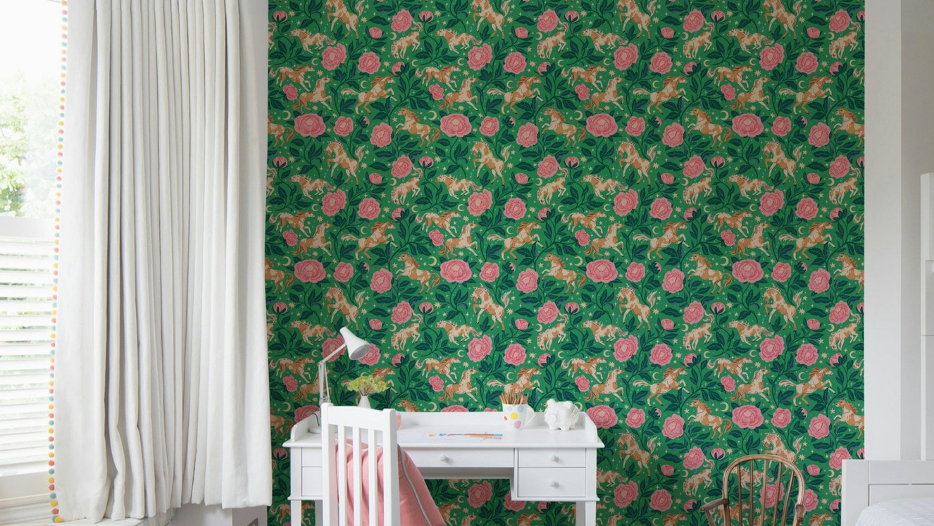 Playful pony and peony floral wallpaper pattern


