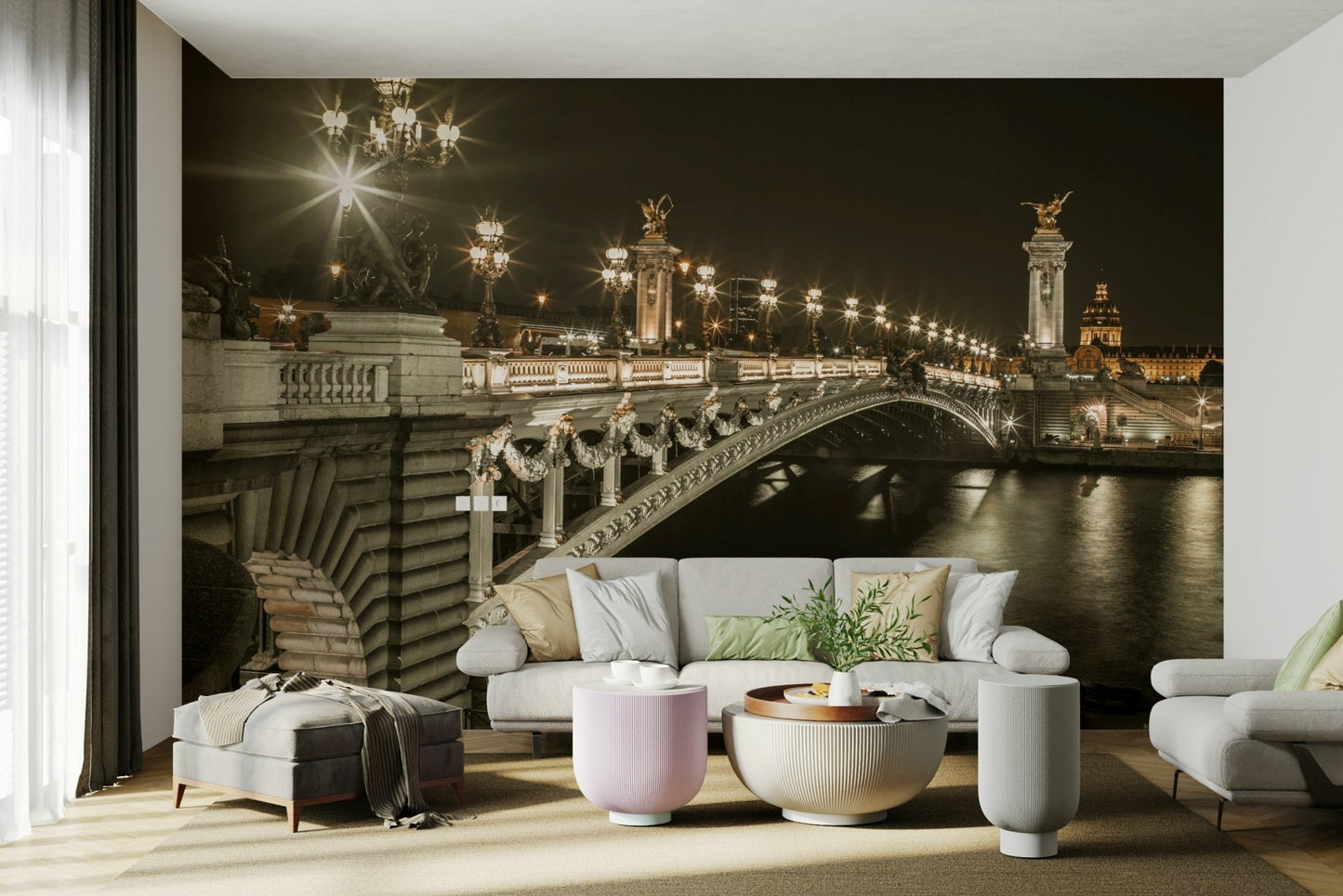 Stunning cityscape with bridge lights and reflections on water

