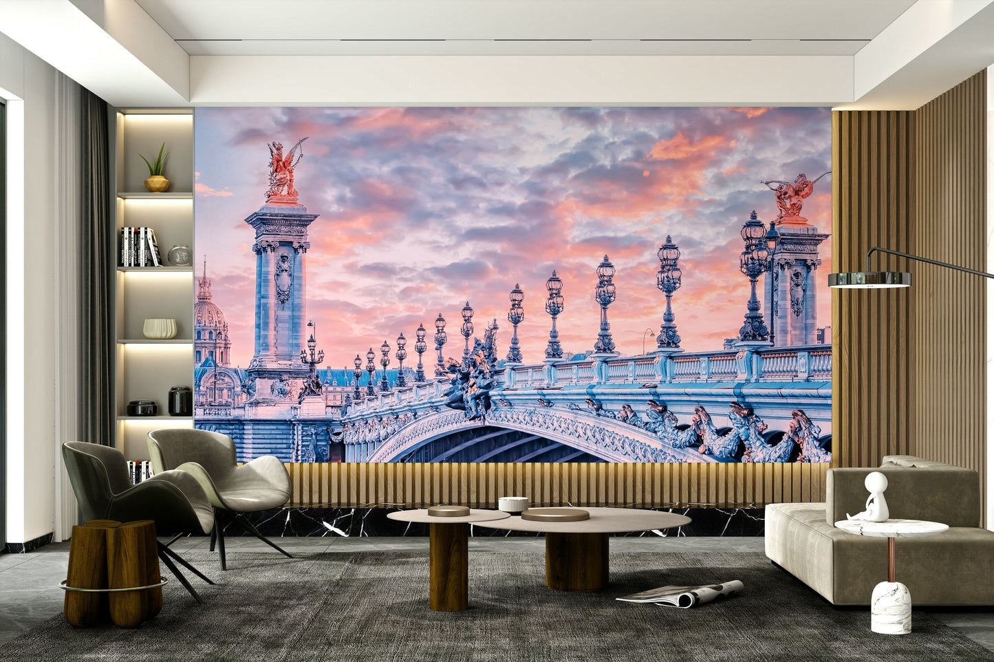 Dreamy Parisian sky above historic bridge

