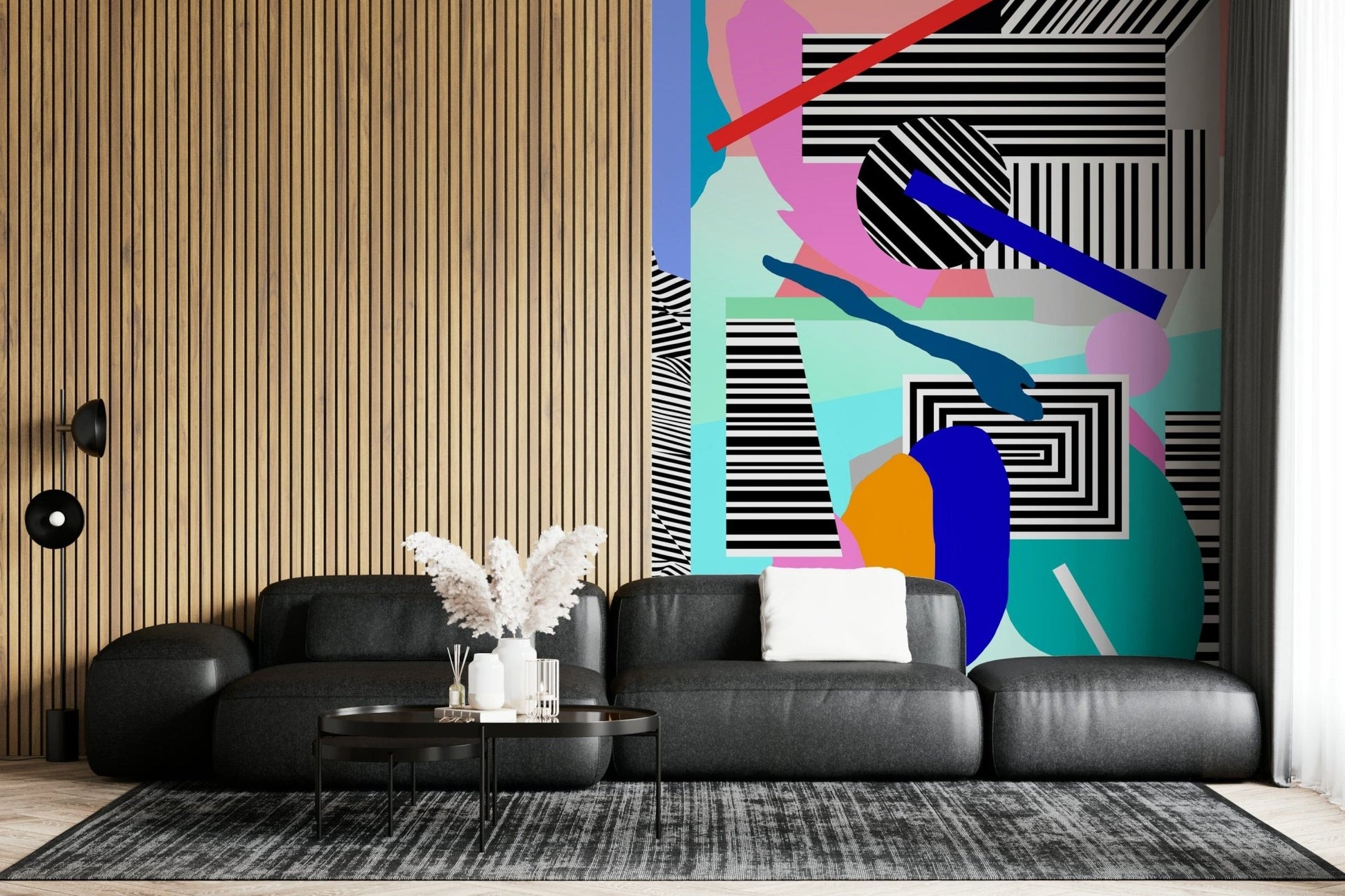 An artistic vibrant pattern mural on minimalist wallpaper., GD5364