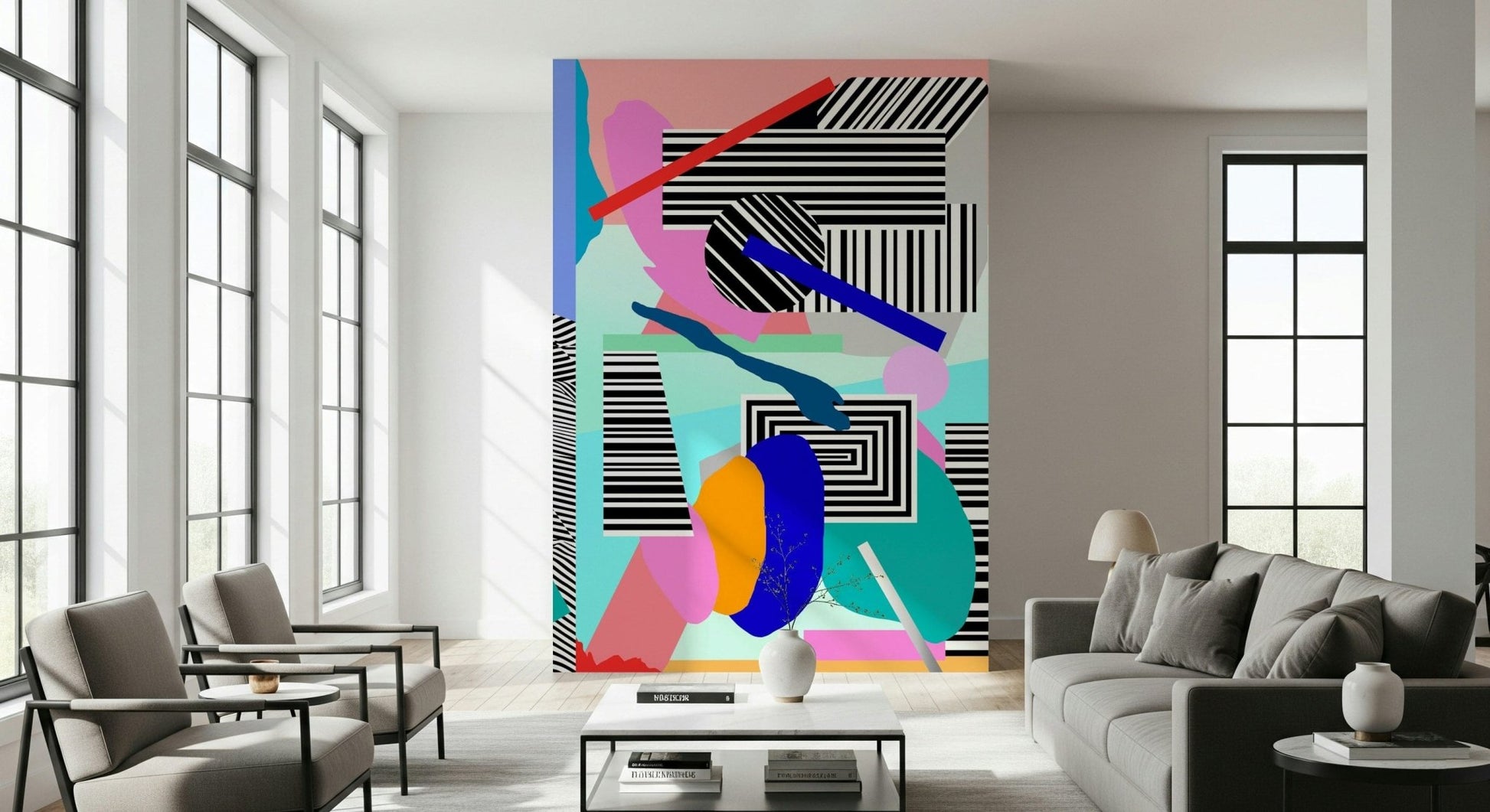 A graceful subtle shape wall mural in bright, bold tones., GD5364
