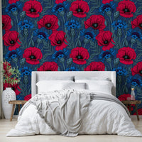 Floral wall mural with poppies and cornflowers

