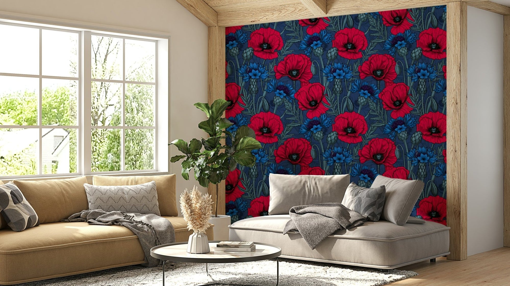 Red poppies and blue cornflowers wallpaper, GD2291