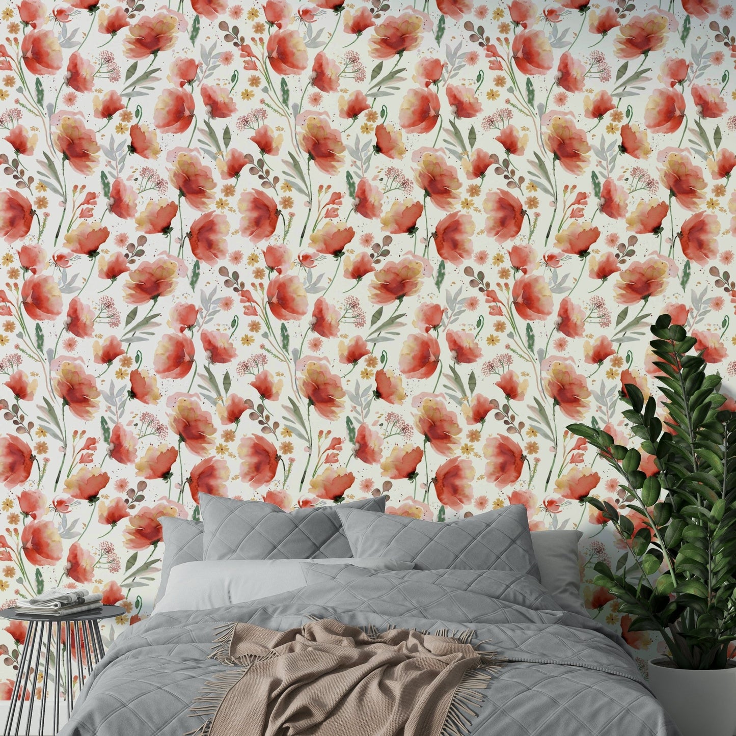 Bright orange poppies meadow wallpaper pattern

