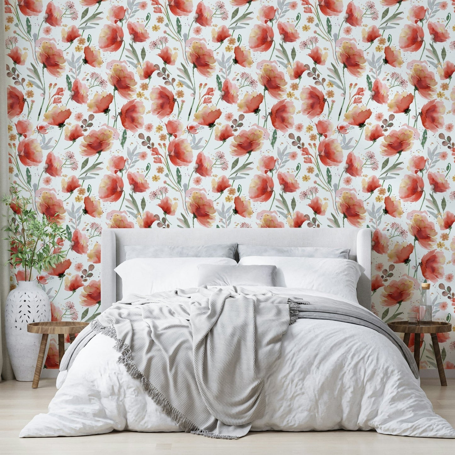 Orange poppies wallpaper with detailed floral prints

