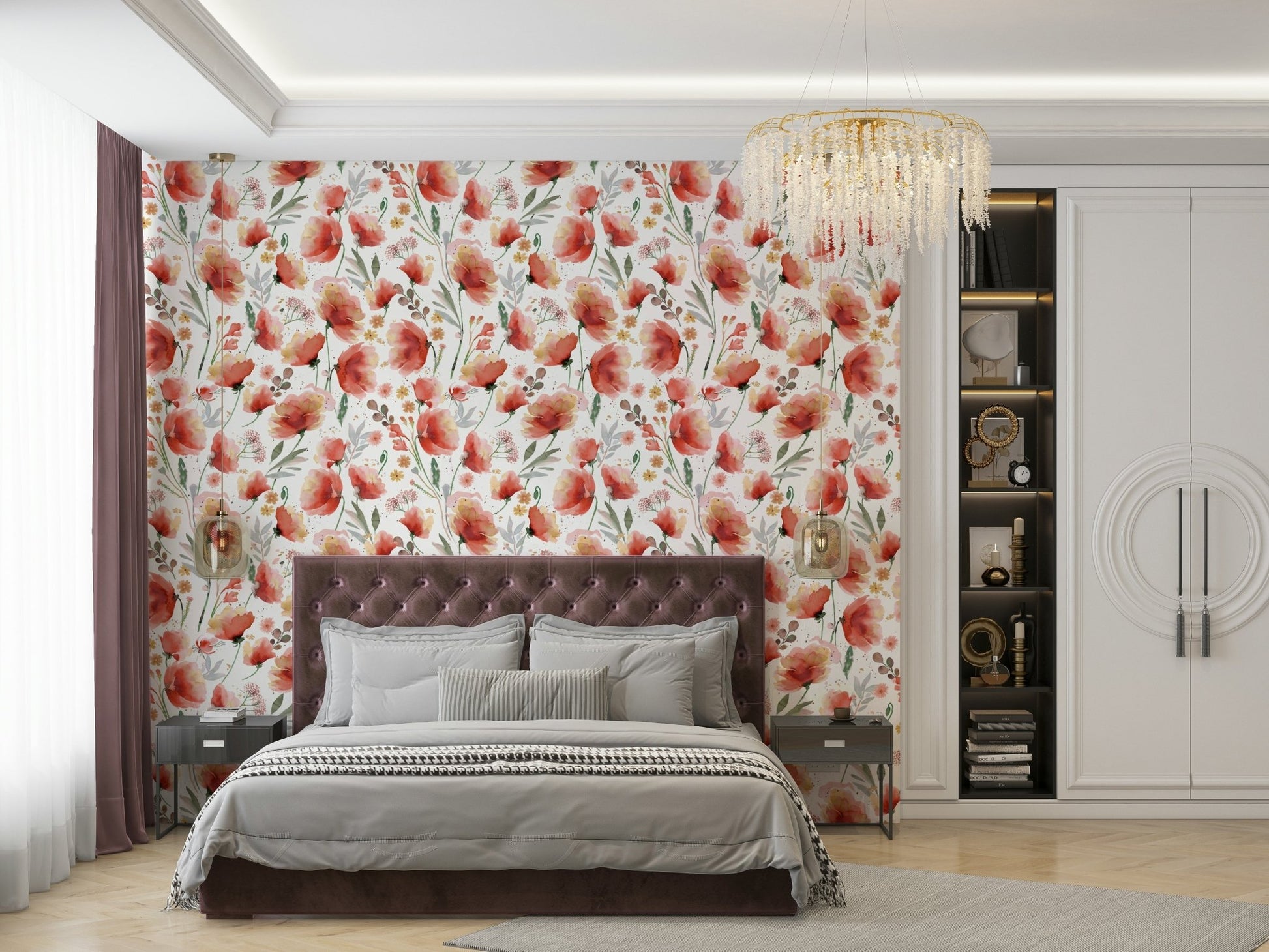 Wallpaper with orange poppies and green meadow leaves

