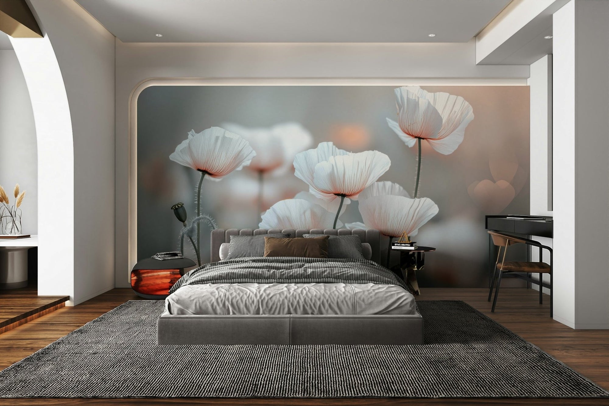 Poppy Dream Wall Mural in a living room with vibrant poppy floral artwork GD4727