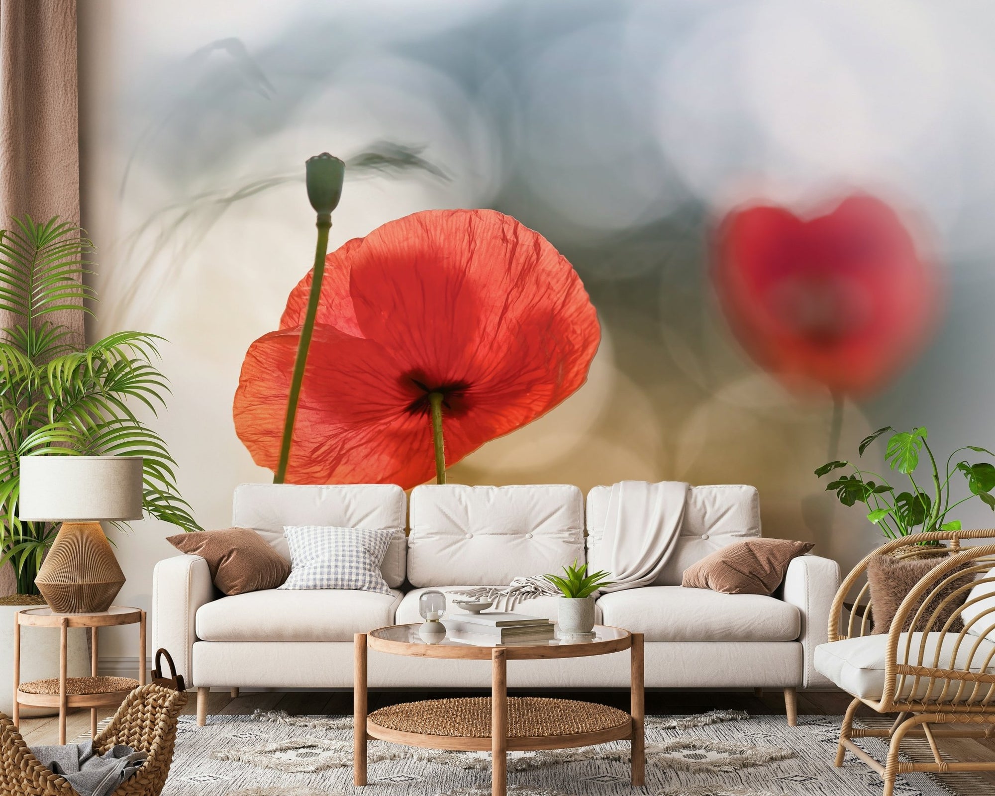 A beautiful serene poppy field wallpaper mural for a modern home., GD5248