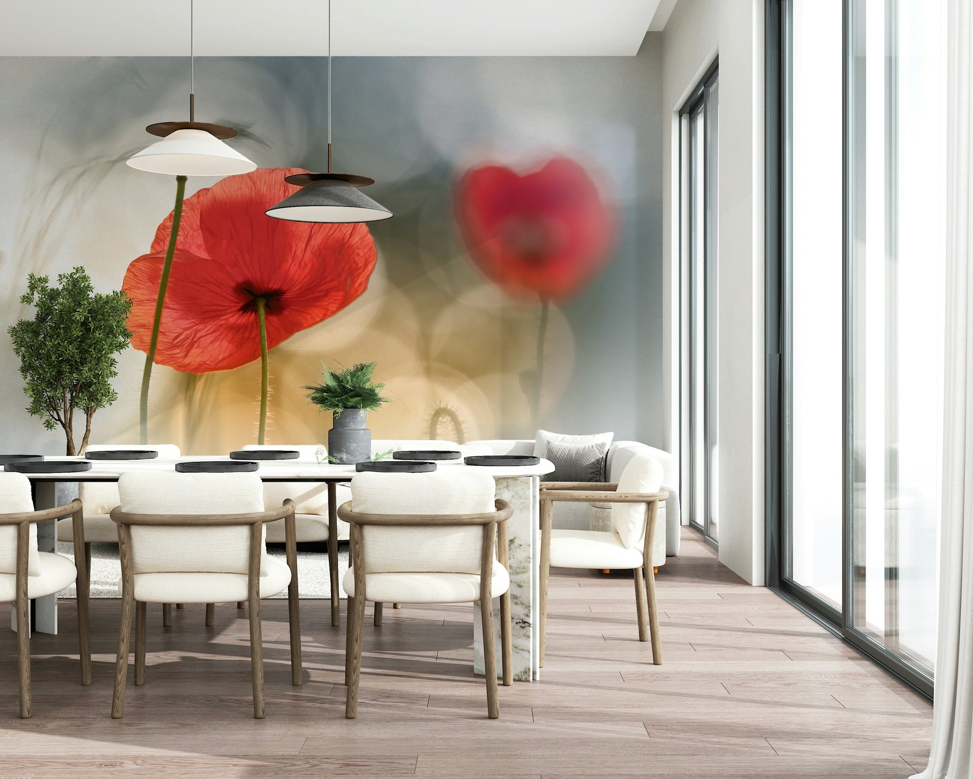 A calming floral design wallpaper mural that defines a space.

