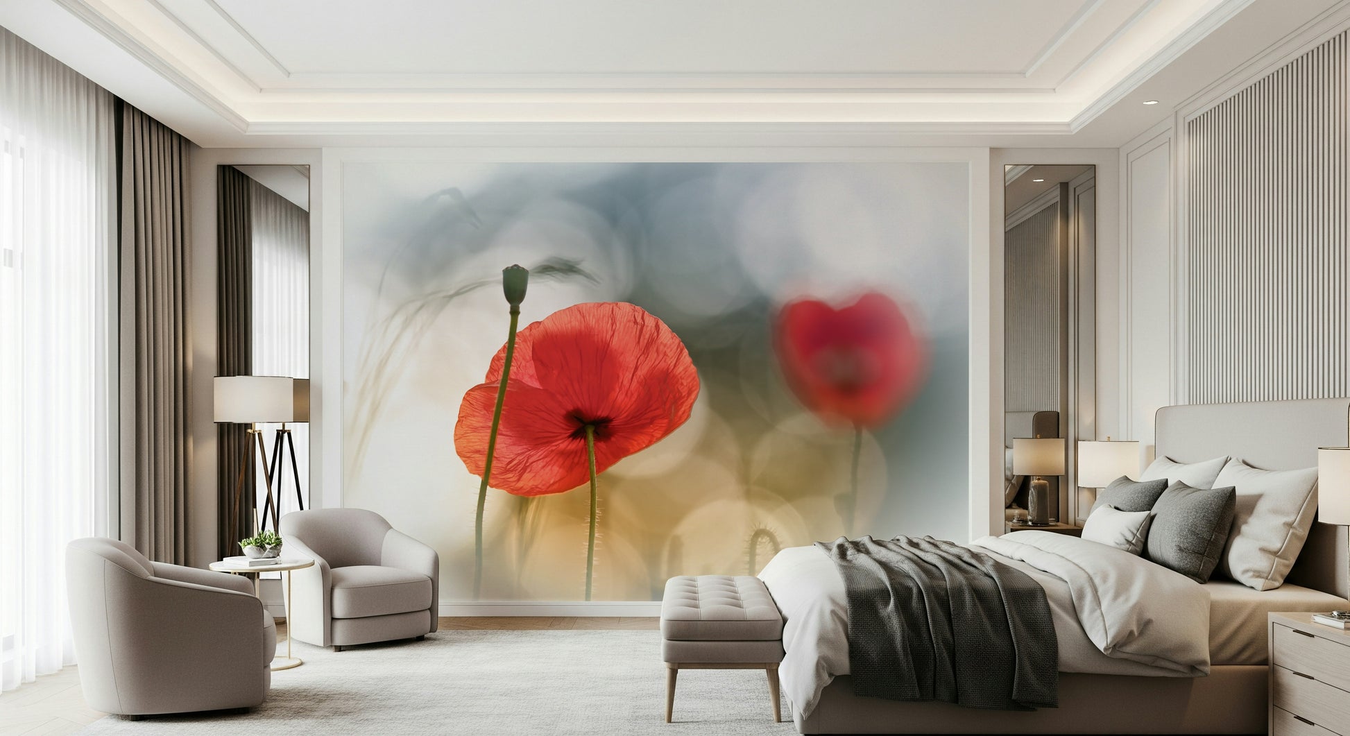 A graceful subtle bloom wall mural in soft, elegant tones.

