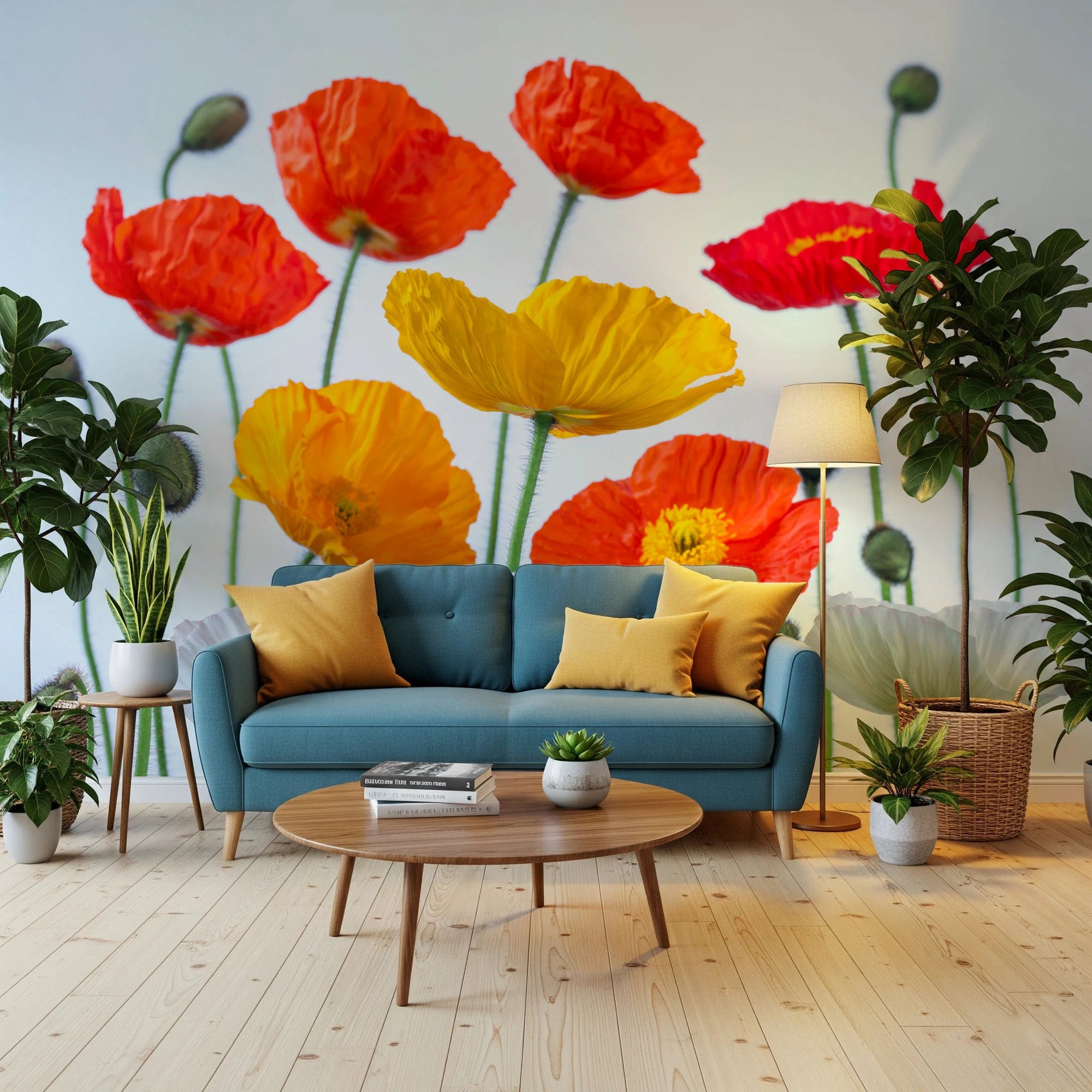 Living room sofa setup styled with Poppy Field Burst Wall Mural bright blooms, GD8244