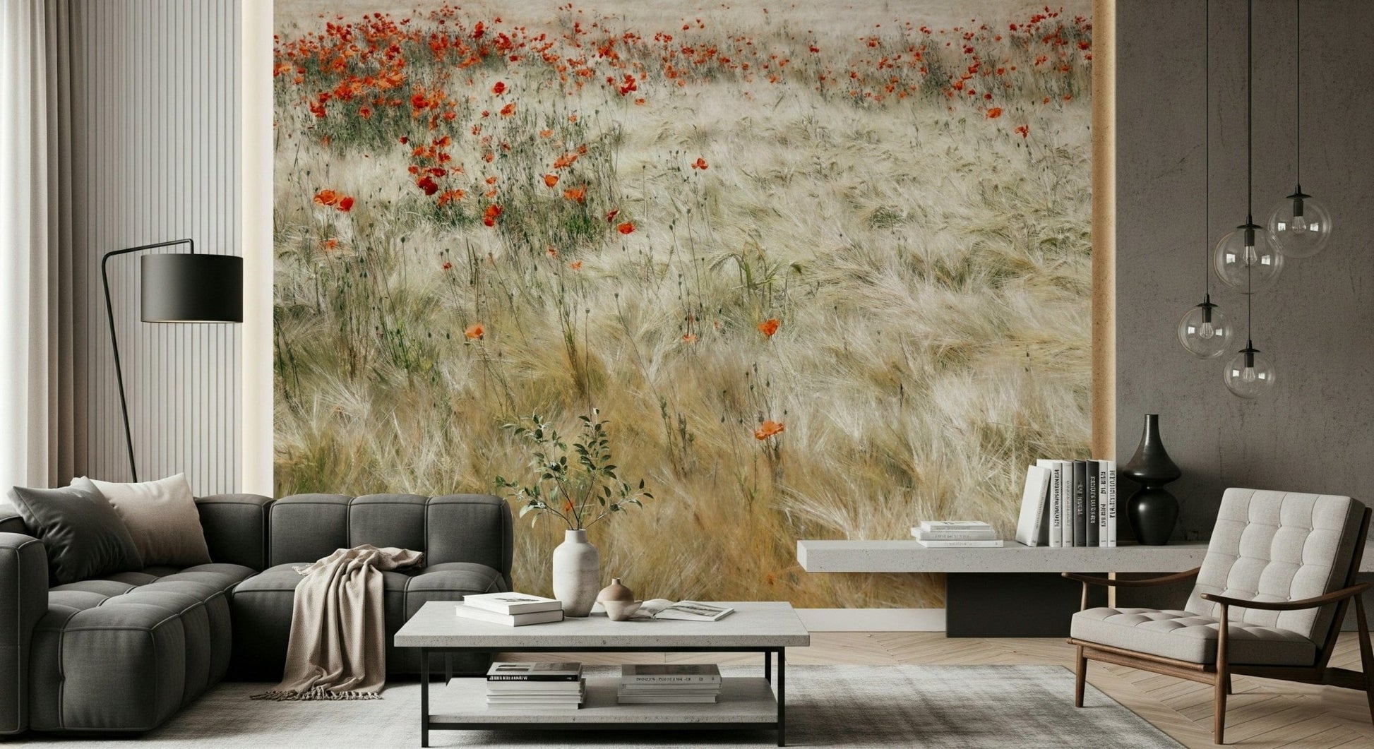 A peaceful flower design mural on decorative wallpaper.