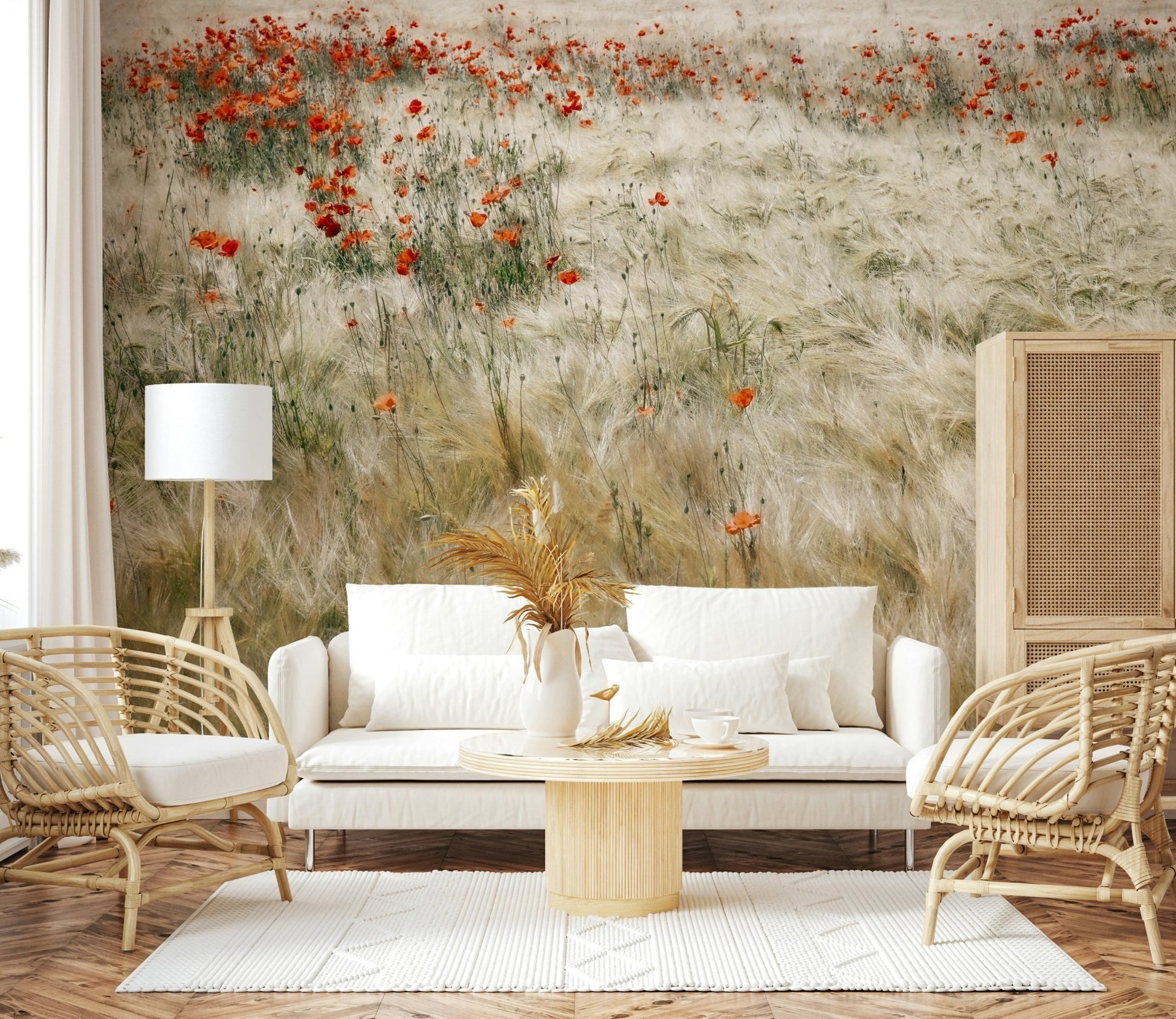 A calming floral design wallpaper mural that defines a space.