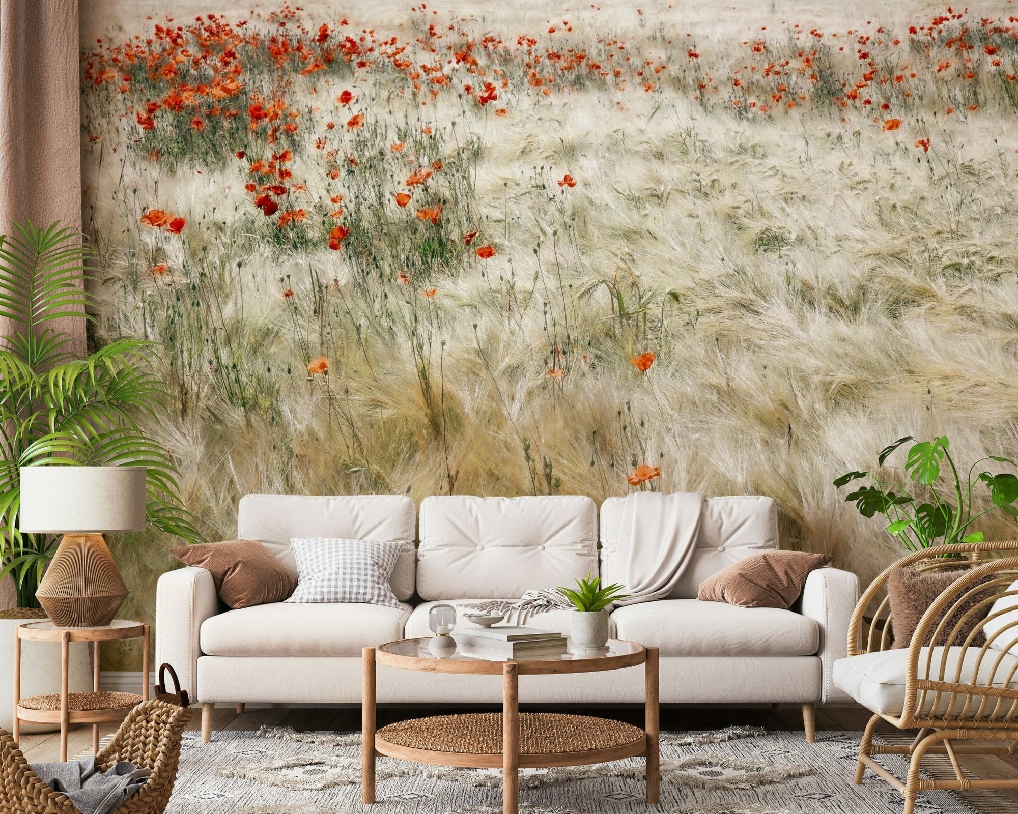 A beautiful vibrant poppy field wallpaper mural for a modern home., GD5797