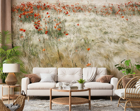 A beautiful vibrant poppy field wallpaper mural for a modern home., GD5797