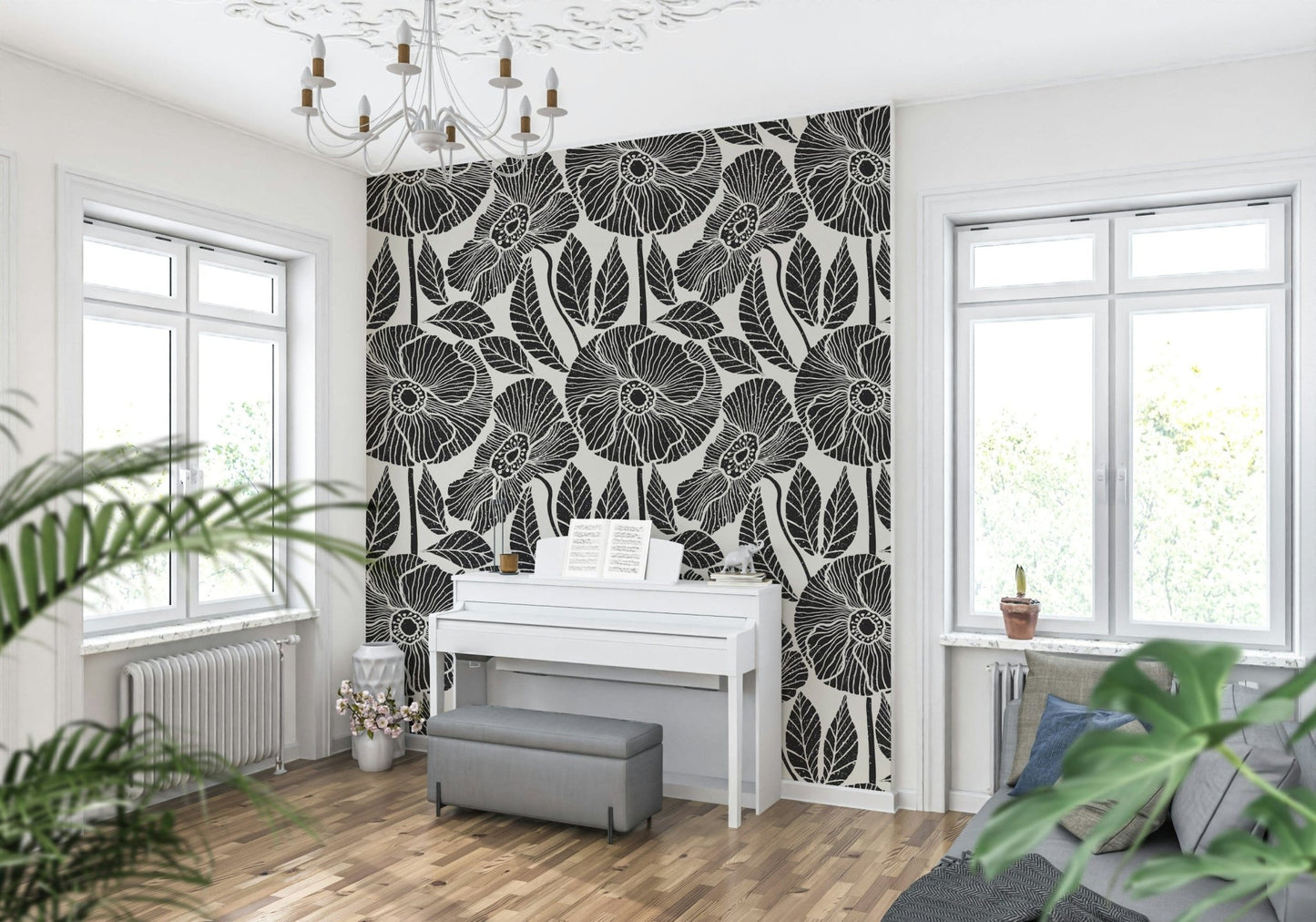 Chic Poppy Floral wallpaper, hand-drawn flower outlines, dramatic visual impact.