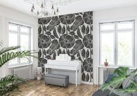 Chic Poppy Floral wallpaper, hand-drawn flower outlines, dramatic visual impact.