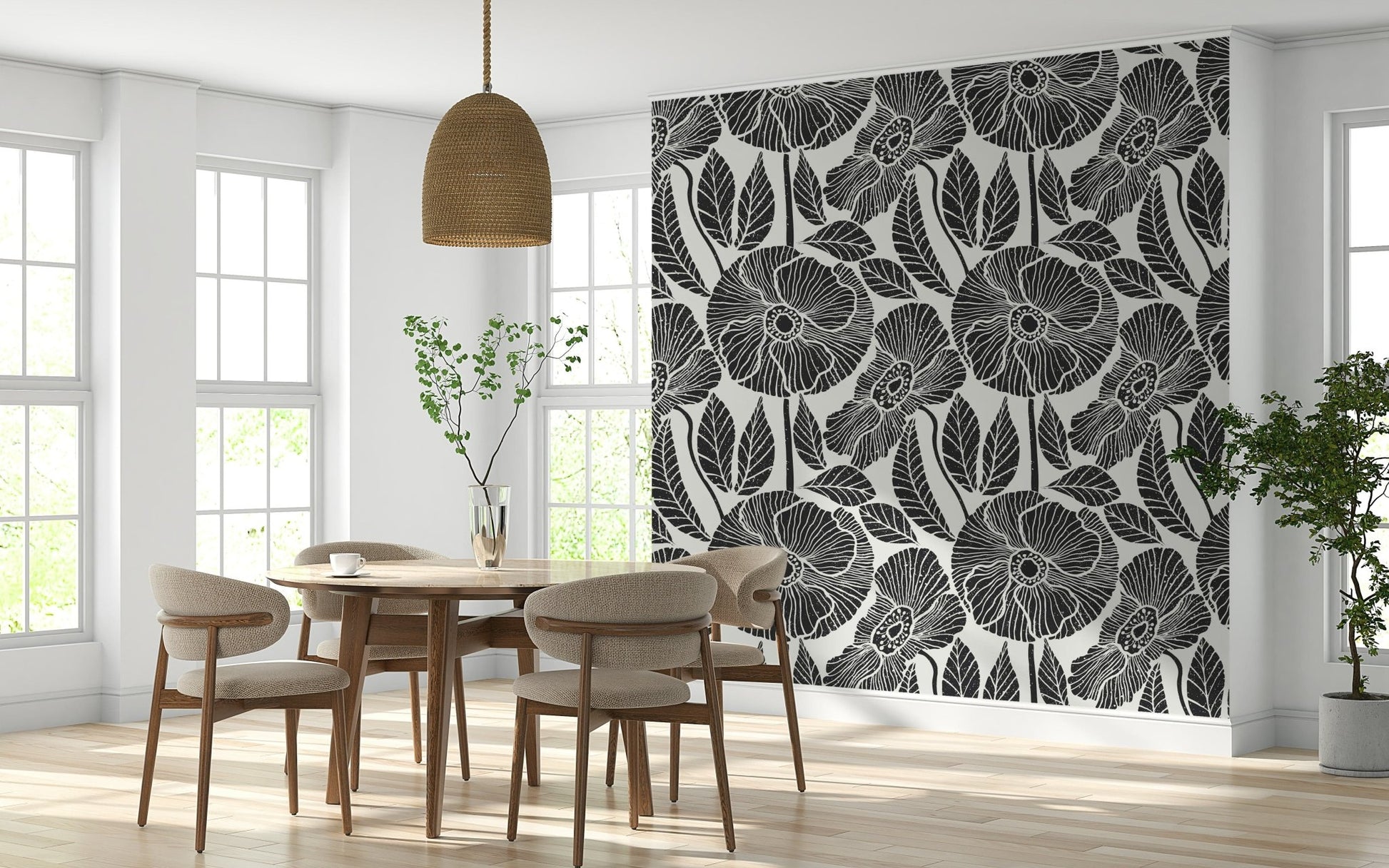 Stylish Modern Black White Block wallpaper, distinctive floral artwork, modern home.