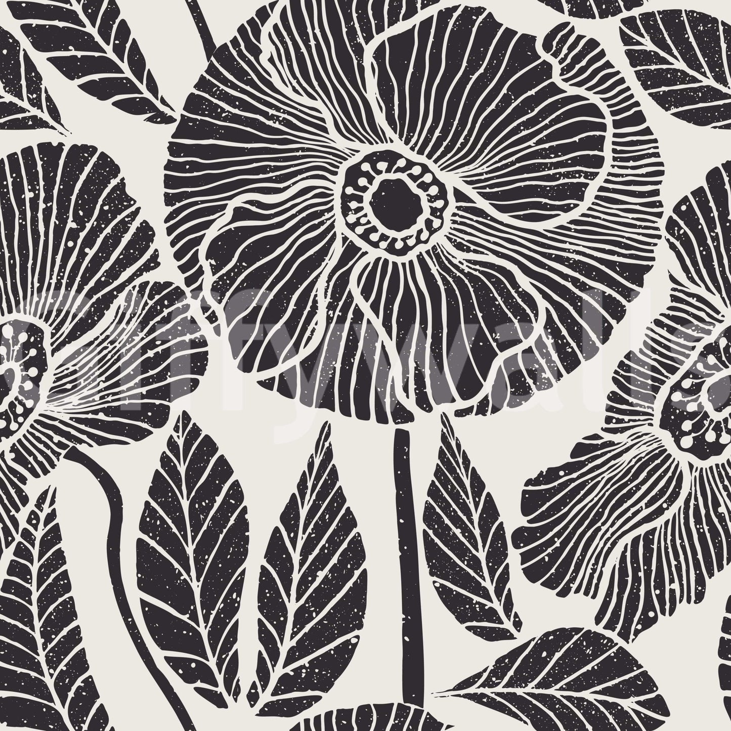 Poppy Floral wallpaper, striking black and white botanical pattern, contemporary design.