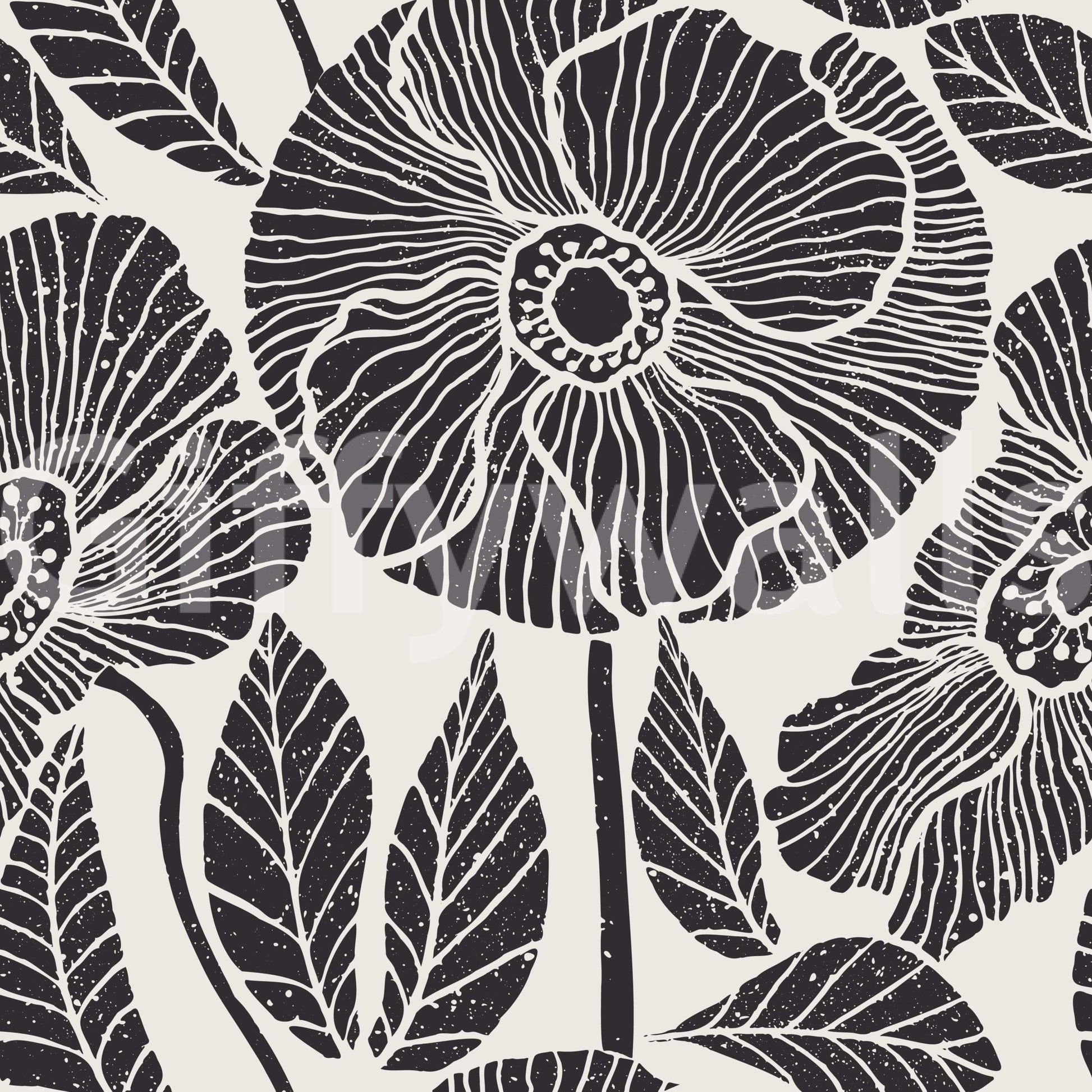 Poppy Floral wallpaper, striking black and white botanical pattern, contemporary design.