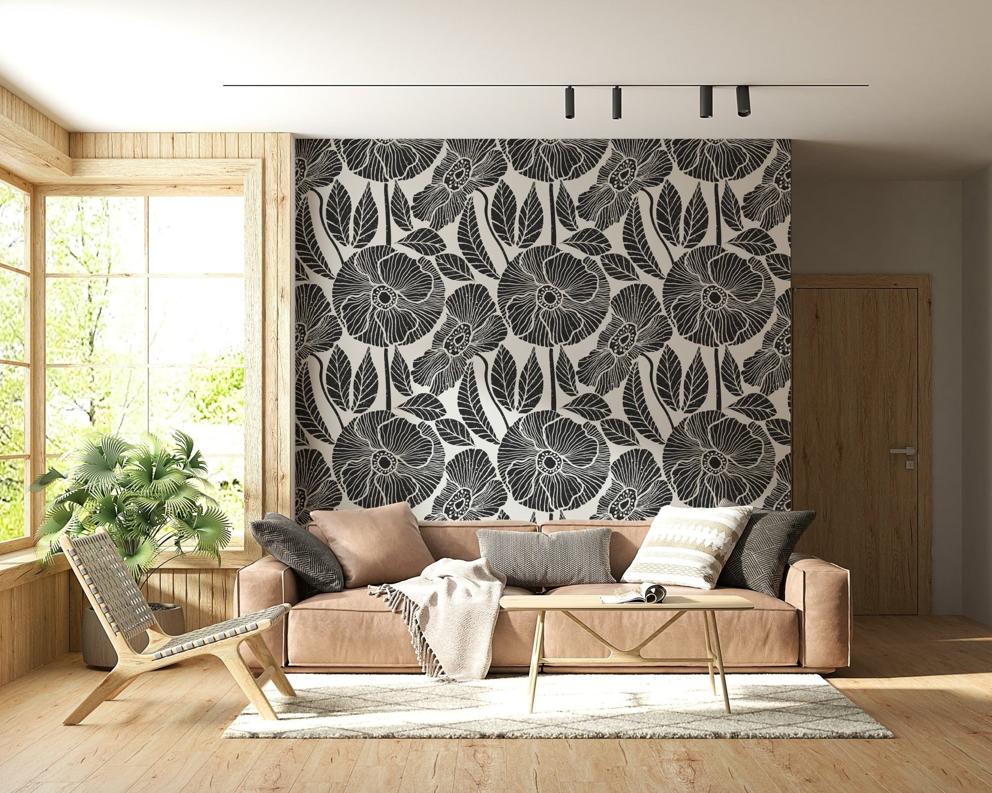 Elegant Poppy Floral wallpaper, bold blooms, detailed leaves, monochrome sophistication.