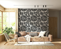 Elegant Poppy Floral wallpaper, bold blooms, detailed leaves, monochrome sophistication.