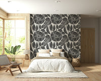 Artistic Poppy Floral wall mural, large scale bloom drawings, timeless black white.