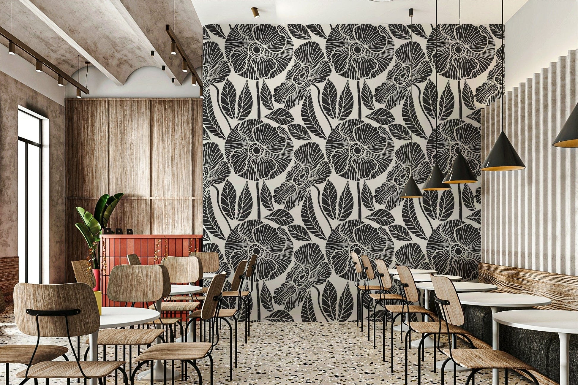 Textured Poppy Floral wall mural, hand sketched flowers, monochromatic appeal.