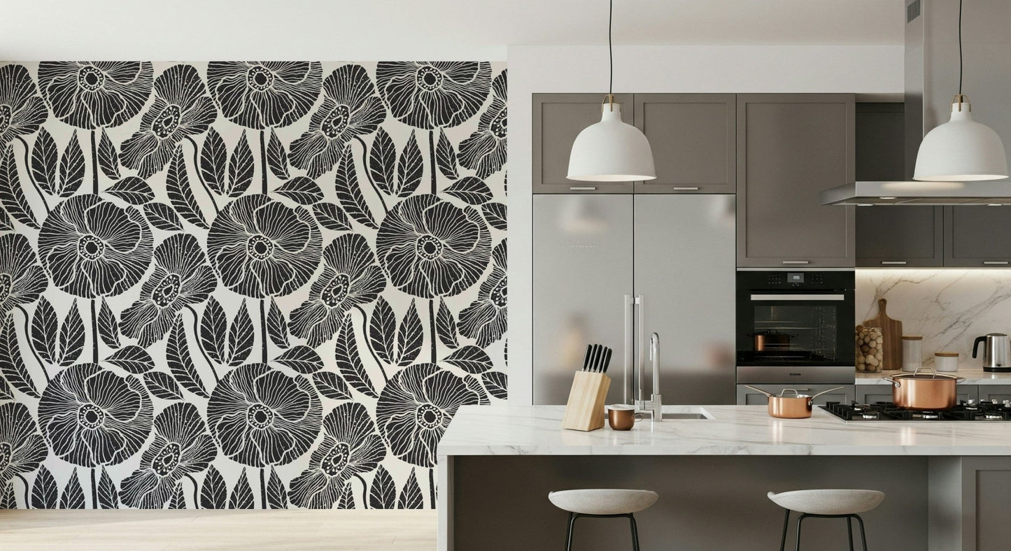 Luxurious Poppy Floral mural, intricate flower details, grayscale palette, refined decor.