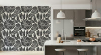 Luxurious Poppy Floral mural, intricate flower details, grayscale palette, refined decor.