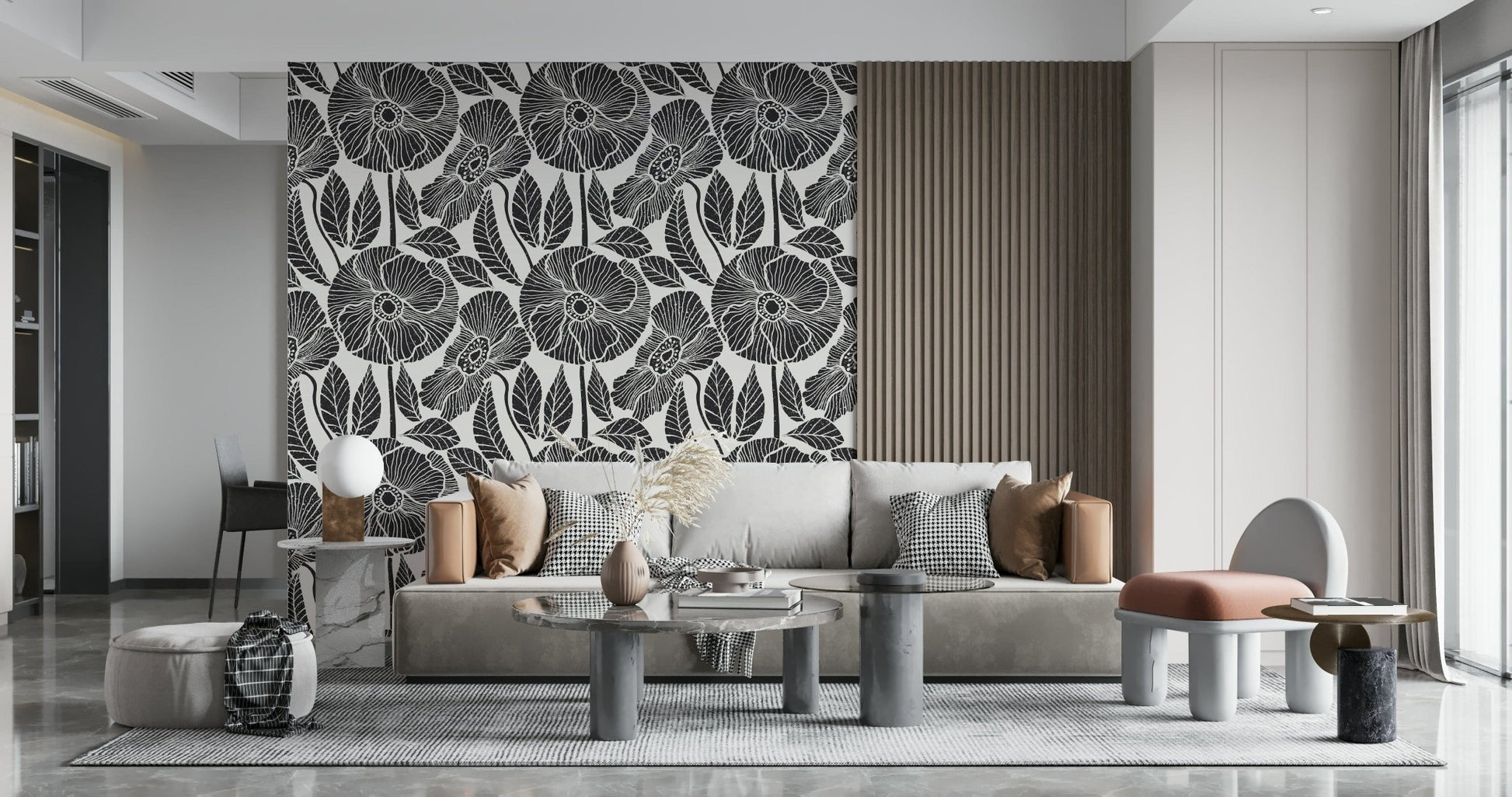 Abstract Modern Black White Block wall covering, oversized petals, high contrast.