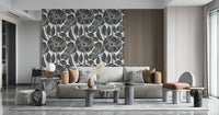 Abstract Modern Black White Block wall covering, oversized petals, high contrast.
