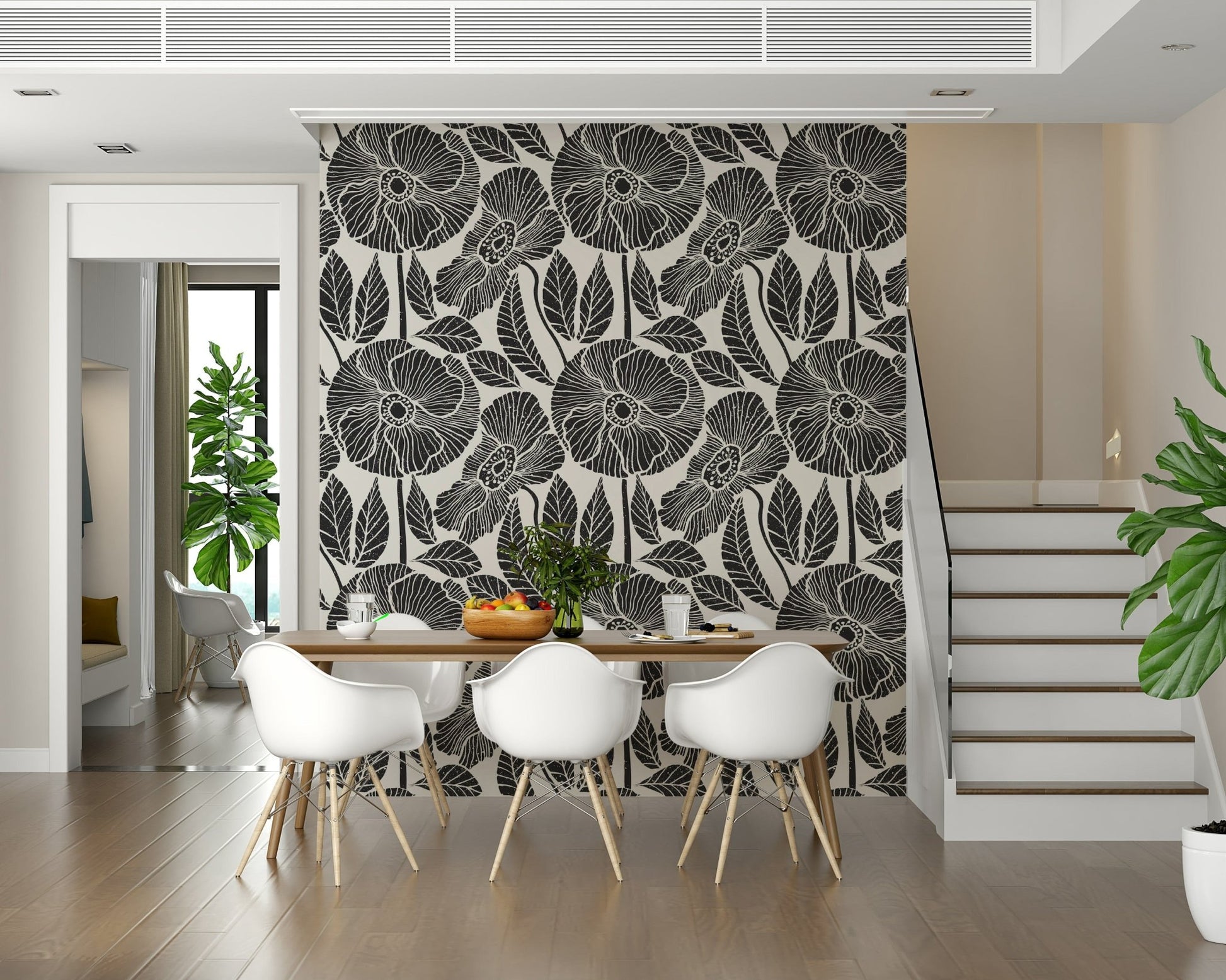 Bold Modern Black White Block wall surface, large scale blooms, graphic style.