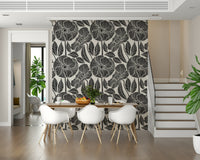 Bold Modern Black White Block wall surface, large scale blooms, graphic style.