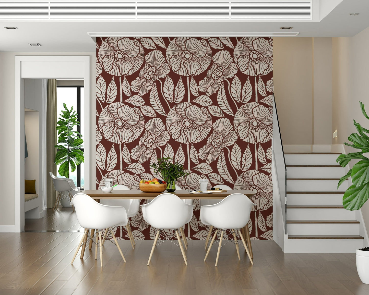 Elegant Block wallpaper, bold botanical print, creamy white graphic, warm earth tone.