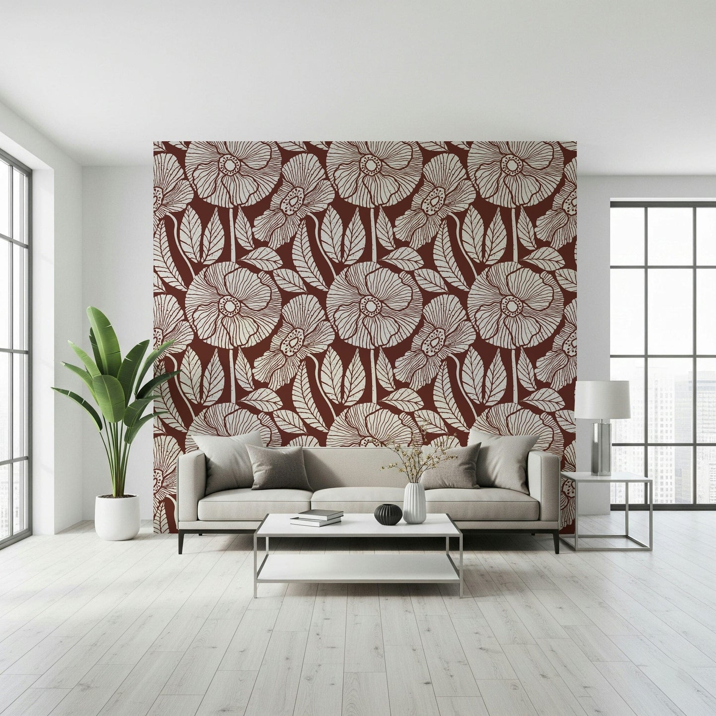 Mid-century Block wall mural, artistic poppy drawings, textured surface look, distinct pattern.