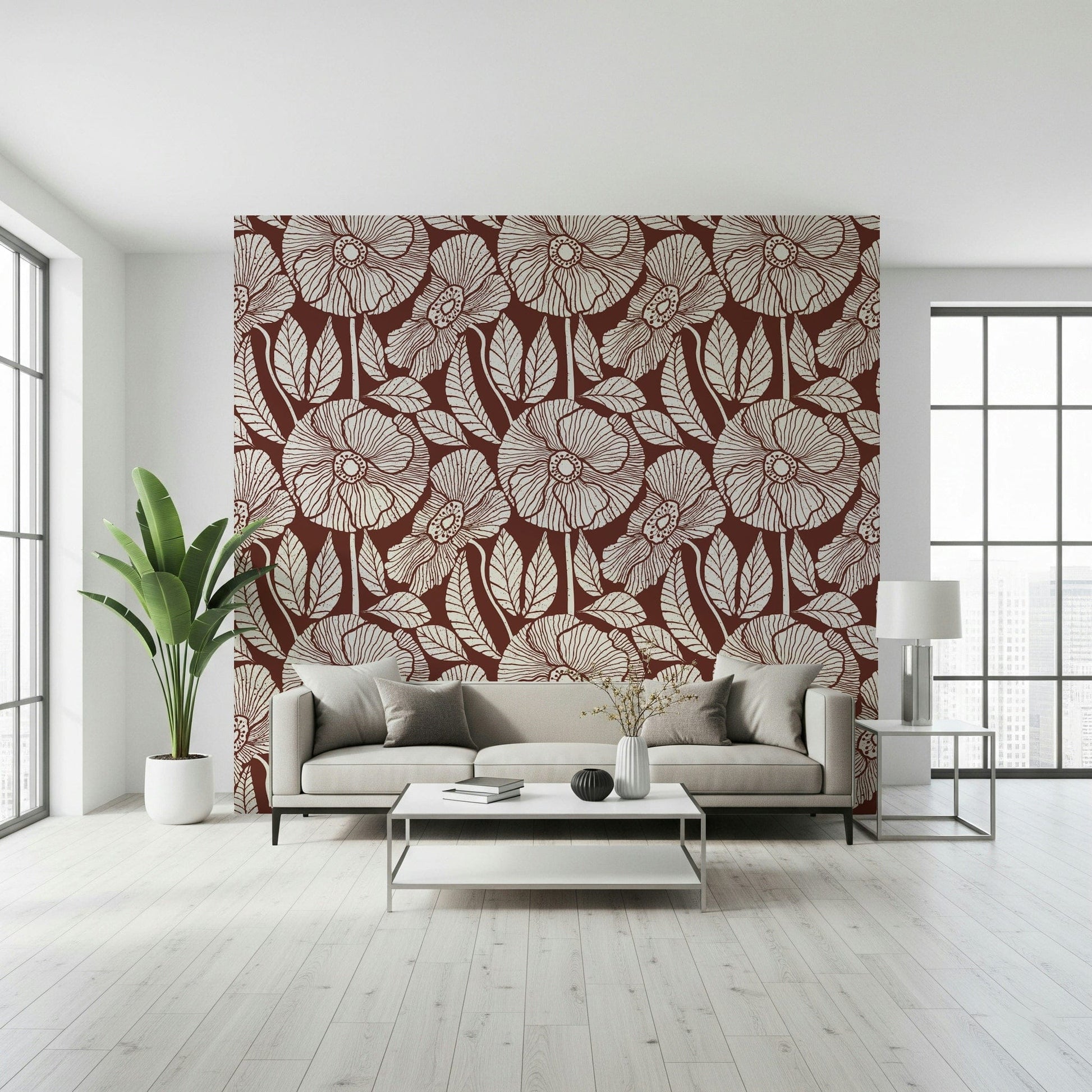 Mid-century Block wall mural, artistic poppy drawings, textured surface look, distinct pattern.