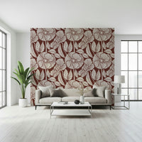 Mid-century Block wall mural, artistic poppy drawings, textured surface look, distinct pattern.