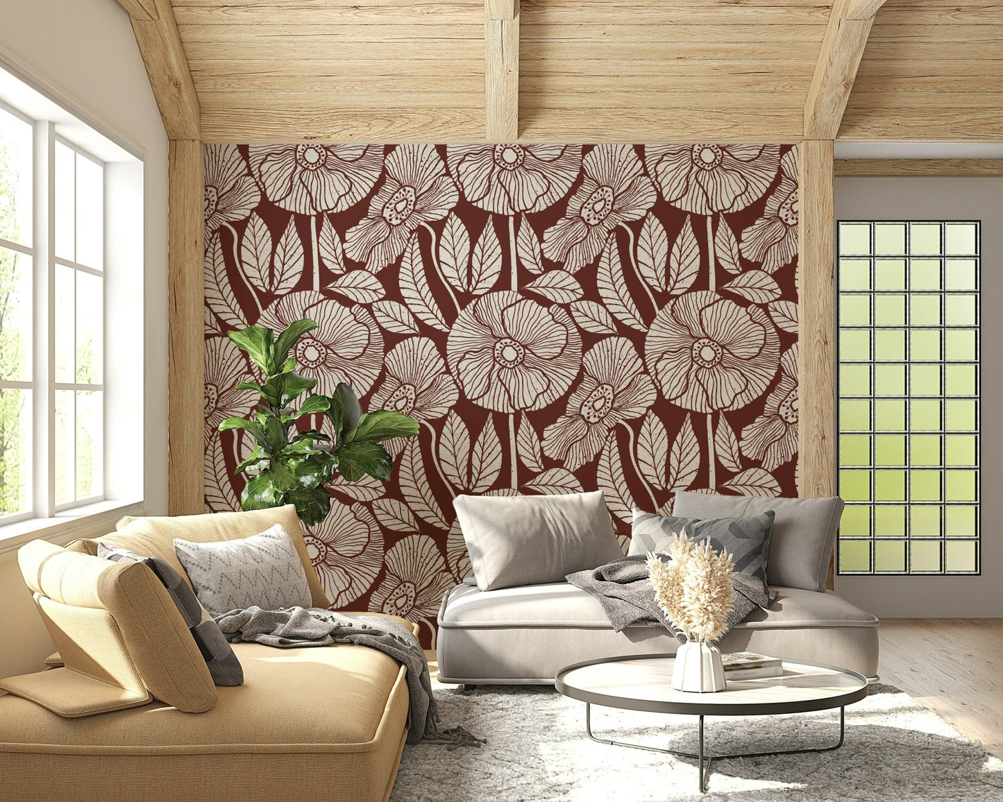 Dramatic Floral Modern Burgundy wallpaper, block print effect, expressive floral display.