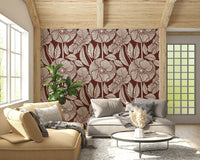 Dramatic Floral Modern Burgundy wallpaper, block print effect, expressive floral display.
