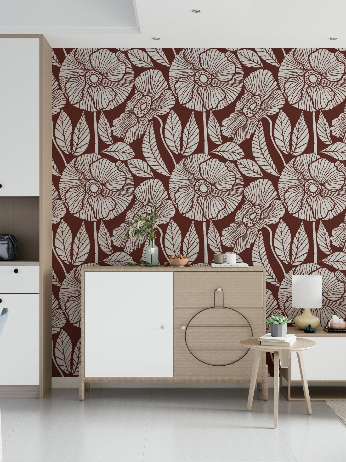 Designer Poppy wallpaper, detailed outline artwork, terracotta and beige combination, sophisticated.