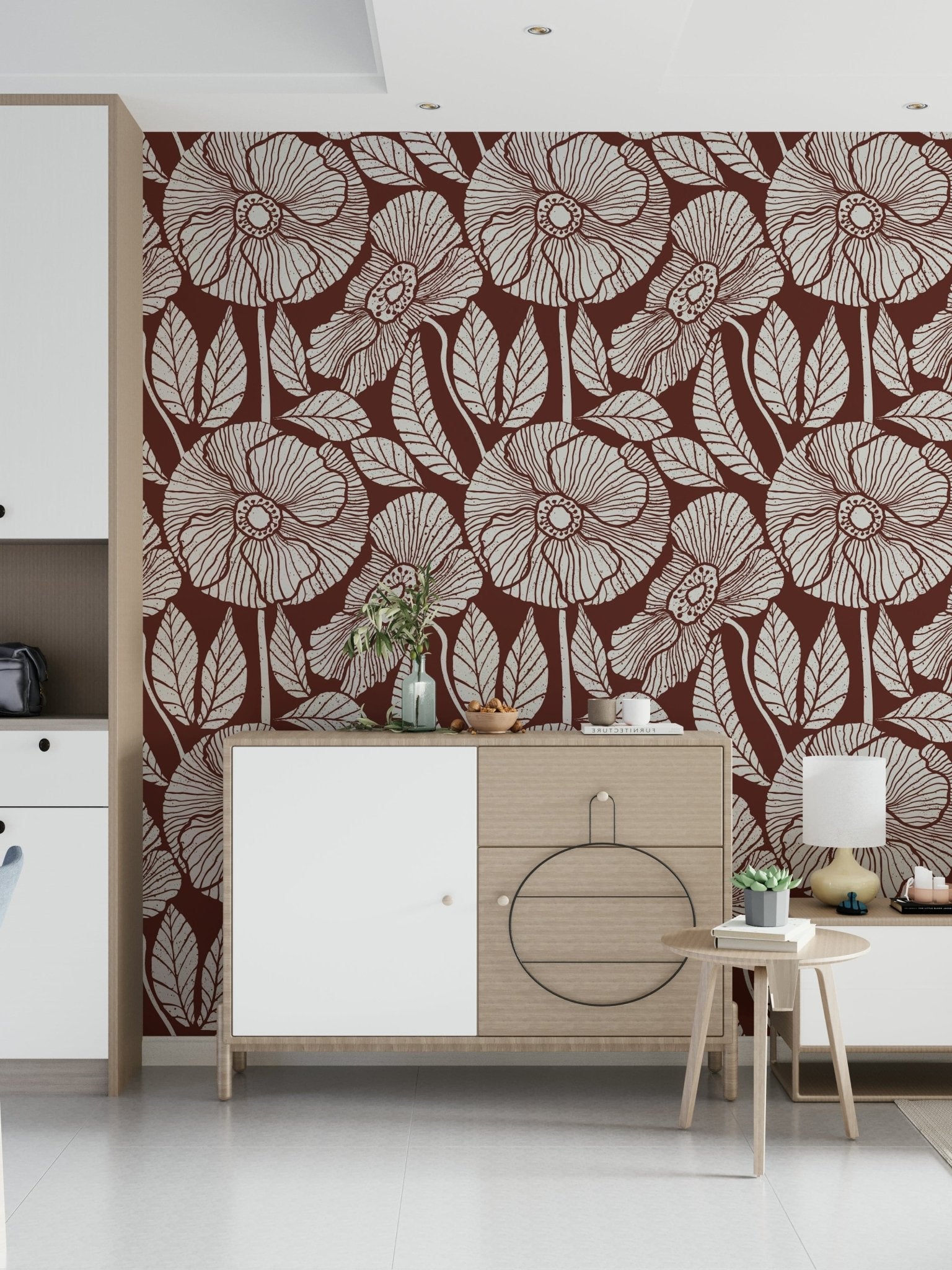 Designer Poppy wallpaper, detailed outline artwork, terracotta and beige combination, sophisticated.
