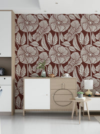 Designer Poppy wallpaper, detailed outline artwork, terracotta and beige combination, sophisticated.
