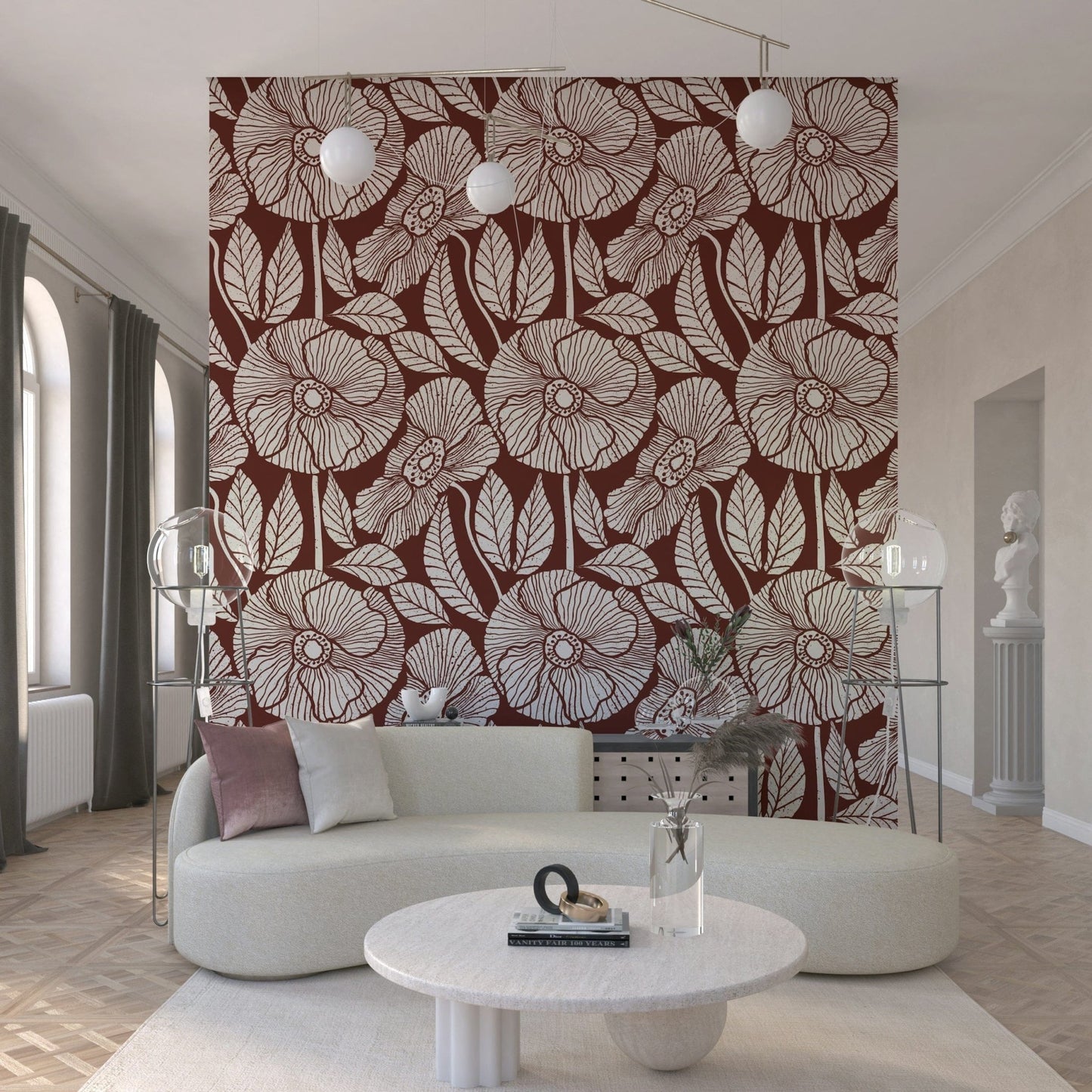 Luxurious Poppy mural, oversized detailed petals, monochrome style, rich color selection.