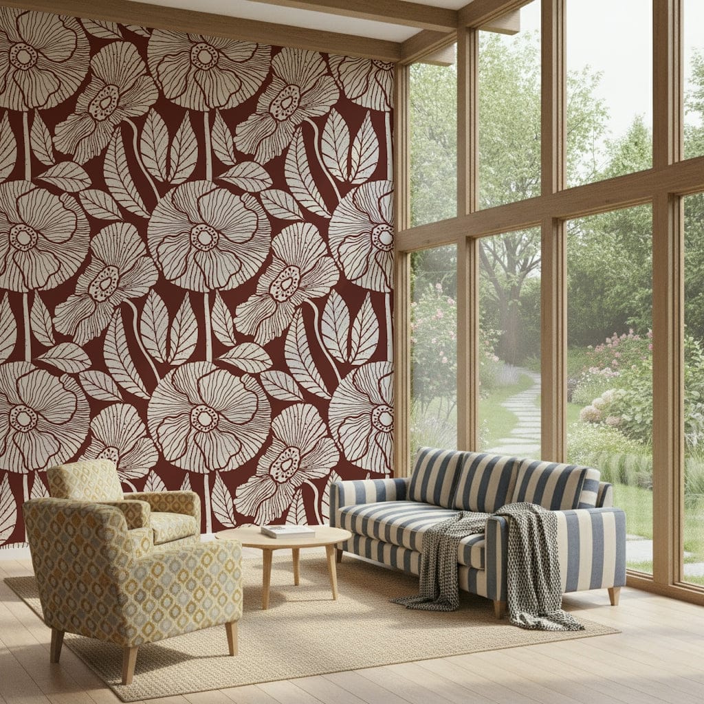Poppy wallpaper, striking outline floral motif, deep burgundy color, stylish home decor.